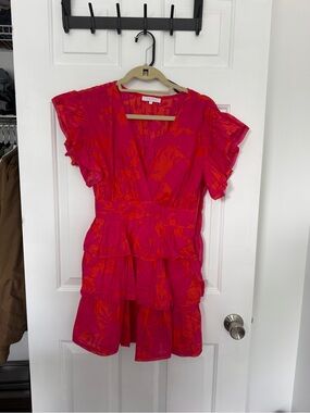 Olivaceous Pink and Orange Floral V-Neck Dress